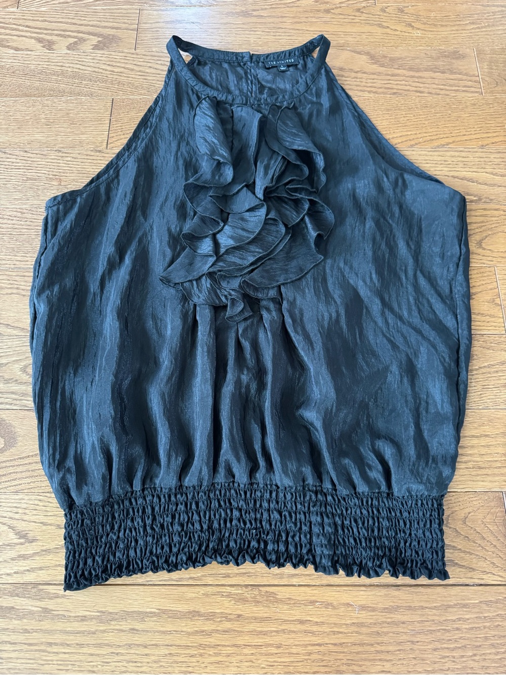 THE LIMITED Black Ruffle Halter Blouse Smocked Waist Shimmer Blouson Top Sizez L